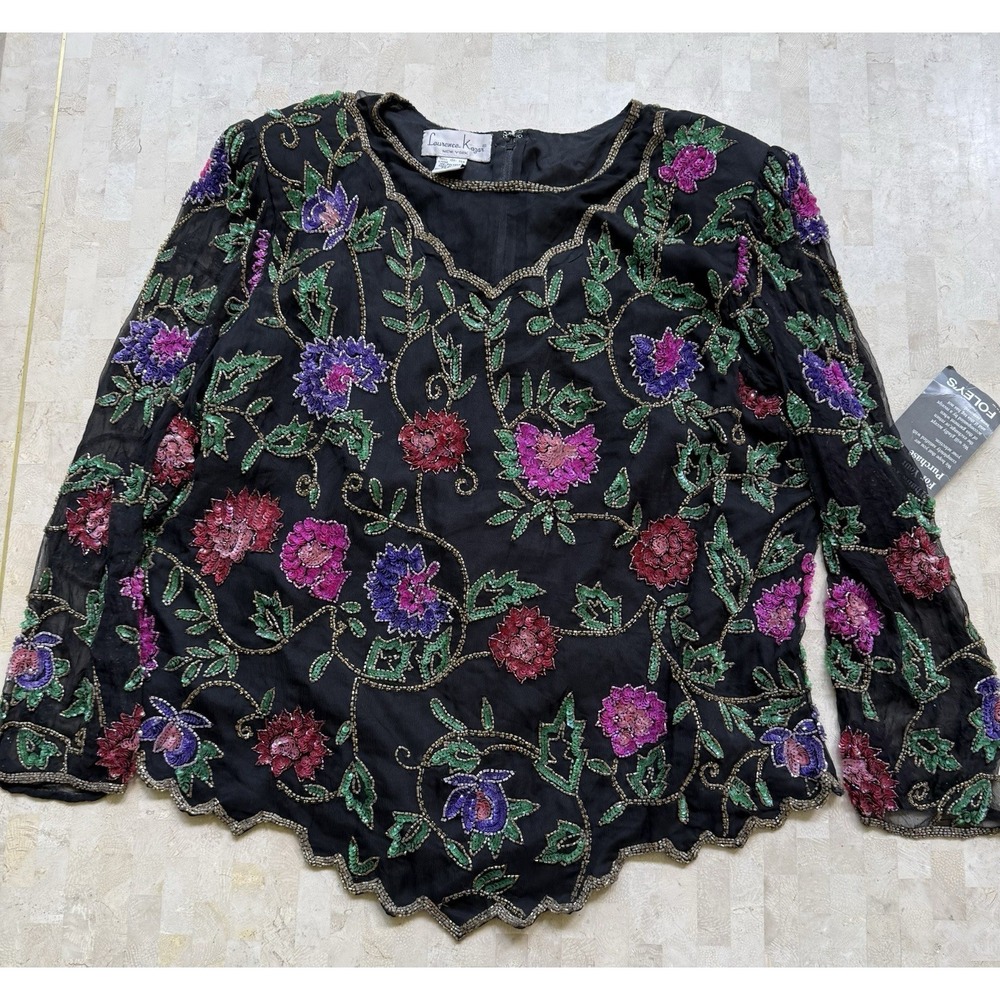 Vtg Laurence Kazar Silk Floral Beaded Short Sleeve Black Top Plus Womens 2X - Picture 2 of 10